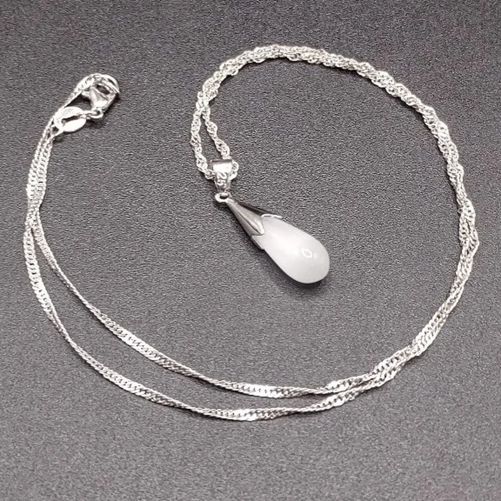 925 Silver Necklace White Opal Crystal Teardrop Anniversary Birthday Gift NEW!